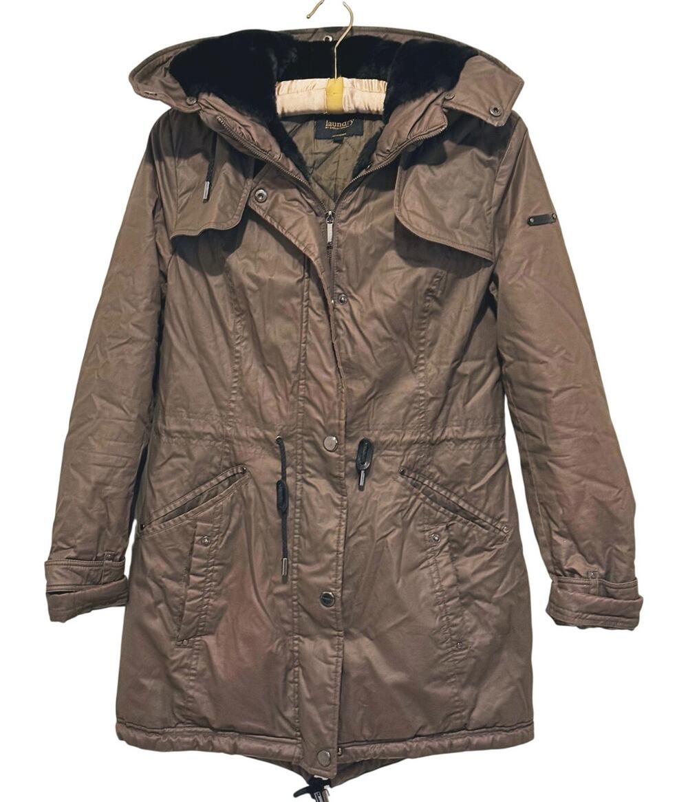 Laundry Shelli Segal Fur Lined Hooded Coat Size XS Brown Y2K Cinchable Packable